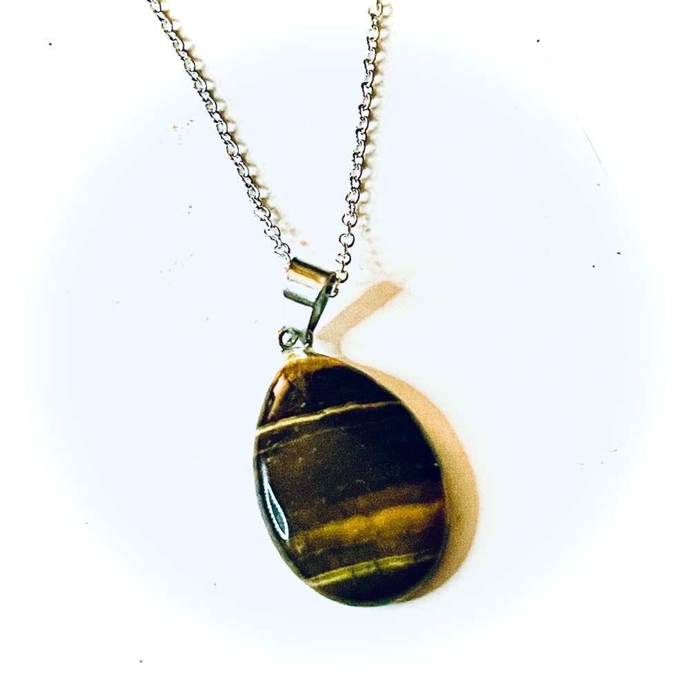 New 925 Sterling Silver Brown Black Tigers Eye Stone Water Drop Necklace - Picture 3 of 14